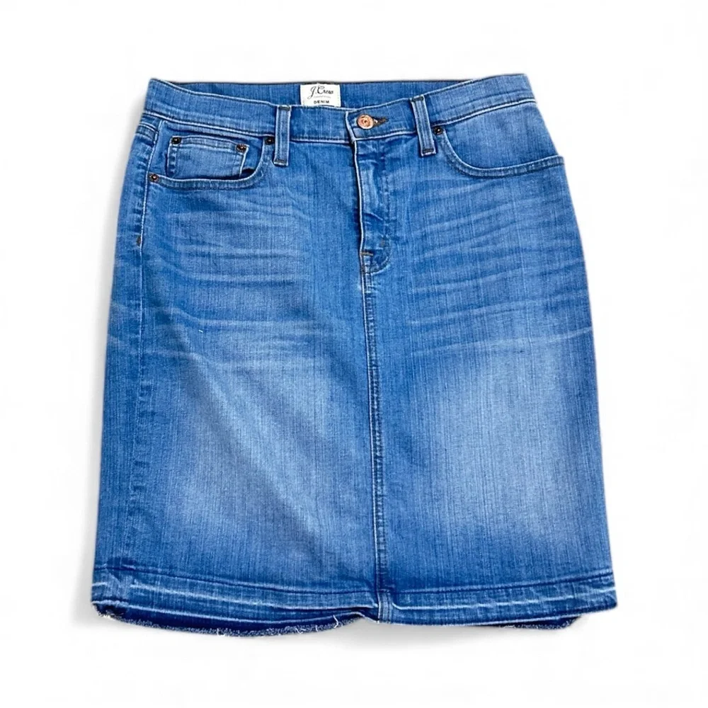 J. Crew Denim mid tone blue pencil mini skirt frayed hem 5 pocket sz 28 waist